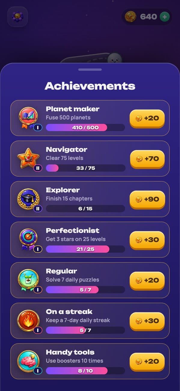 Planets: achievements with tiers and coin rewards