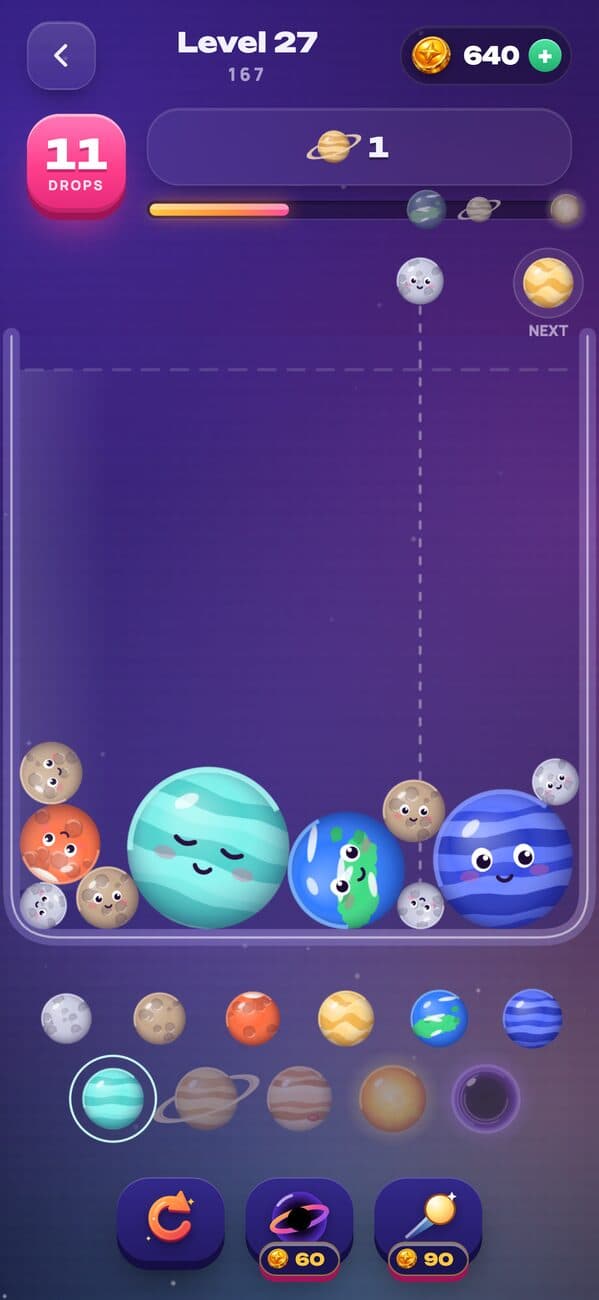 Planets: a jar full of planets with goals at the top and boosters below