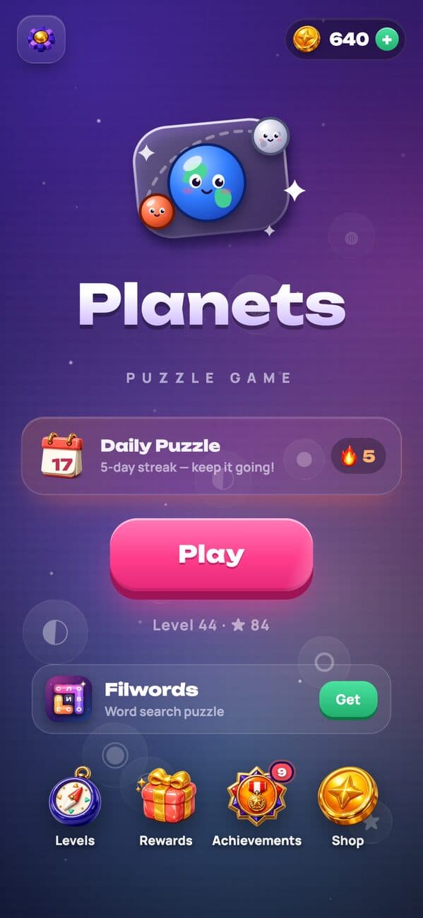 Planets: the main menu with the daily puzzle and the winning streak