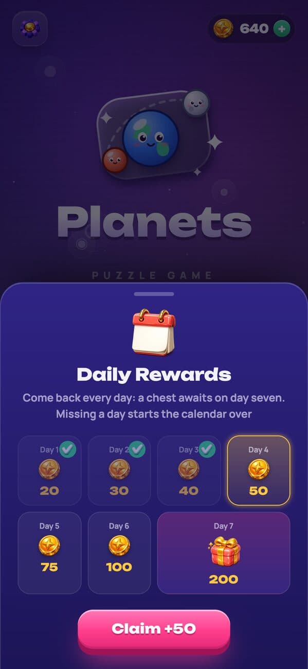 Planets: daily rewards and the chest on day seven
